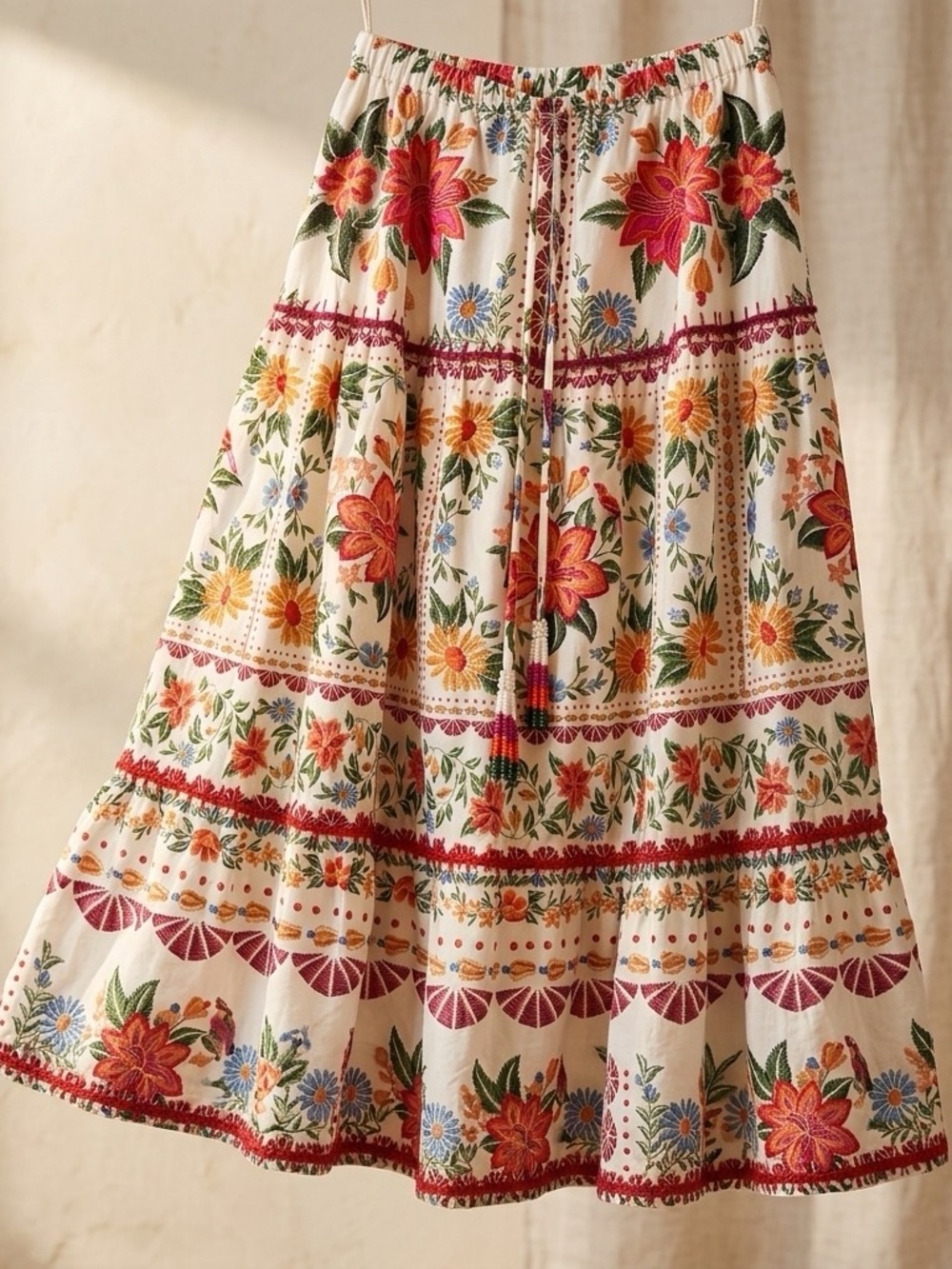 FARM RIO Bohemian Floral Tiered Maxi Skirt - Cream Red & Orange Floral Print